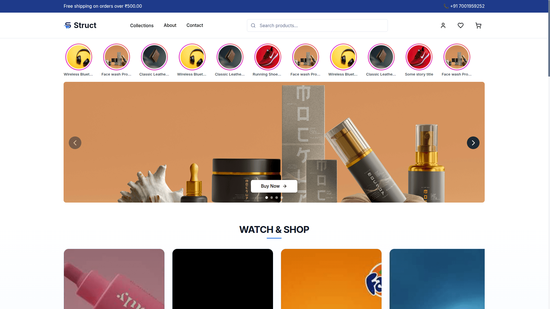 Desktop storefront preview — product browsing experience